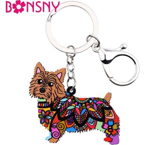 Bonsny Acrylic Pattern Norwich Terrier Dog Key Chain Key Ring Handbag Bag Charm Keychain Accessories New Jewelry For Women
