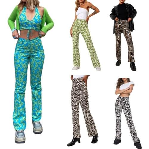 Early Fall Floral Print Streetwear Pants Women High Waist Baggy Straight Green Brown Pants Female Fashion Wide Trousers Capris