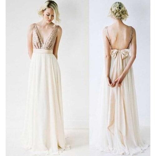 Elegant Simple Cheap Summer Deep V Neck Long Champagne Sequin Women Wedding Guest Dresses Evening Dresses