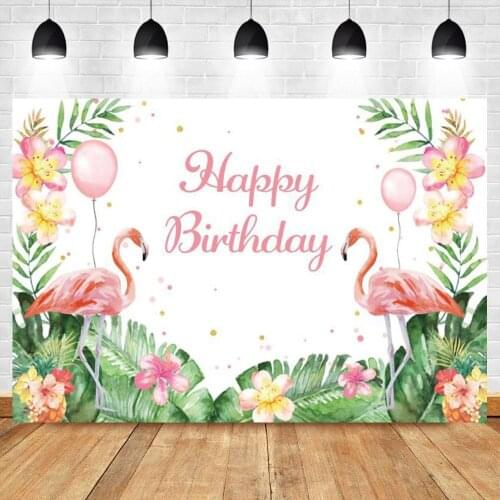 Flamingo Celebration Birthday Photo Background Summer Hawaiian Vacation Style Backdrop Flowers Pineapple Leaves Golden