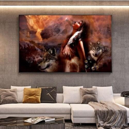 African Girl With Wolf Oil Painting on Canvas Cuadros Posters and Prints Scandinavian Wall Art Picture Home Decor