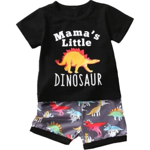 2 Pieces Kids Boys Suit Set, Letter Dinosaur Print O-Neck Short Sleeve T-Shirt+ Shorts for Summer 2021, Black, 6 Months-3 Years