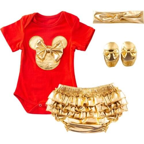 Baby Girls Birthday Clothes Sets Girl Golden Bow Mouse Ruffles Romper Shorts Headband Shoes Clothing for Bebe Cosplay Outfits
