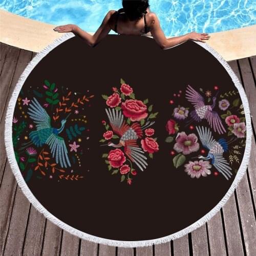 Flower Printed Round Beach Towels Boho Microfiber Made Beach Towel with Tassle Around Yoga Mat Picnic Mat