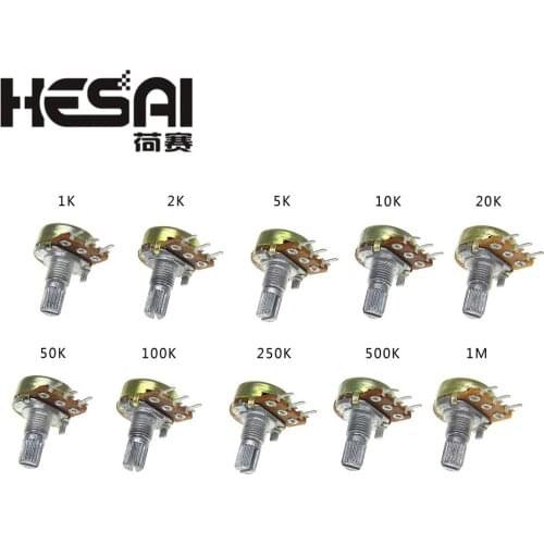 5Pcs/lot WH148 Linear Potentiometer B1K B2K B5K B10K B20K B50K B100K B250K B500K B1M 15mm Shaft With Nuts Washers 3pin WH148