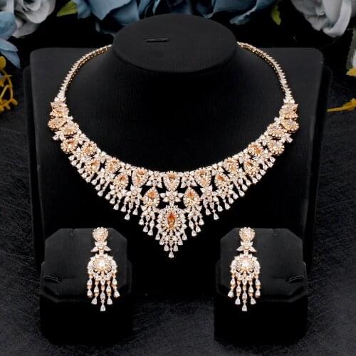 Trendy Luxury 2 PCS Women Jewelry Set For Wedding Party Cubic Zirconia Beautiful Bridal Necklace Earrings Jewelry Accessories