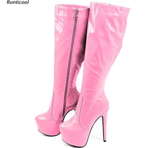 Ronticool New Fashion Women Winter Platform Knee Boots Patent Sexy Stiletto Heels Round Toe Grey Night Club Shoes US Size 5-20