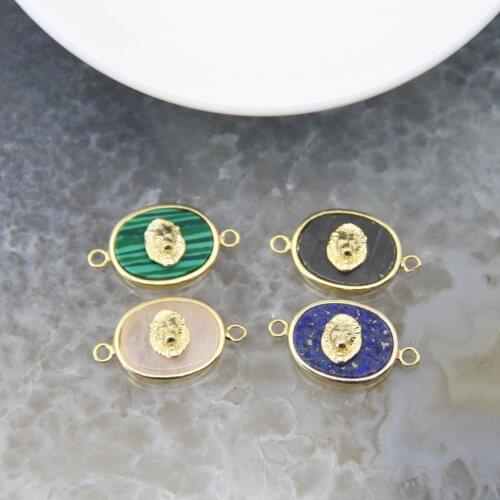 Oval Natural Stone Labradorite Lapis Pink Crystals Malachite Paved Lion Head Connector For Bracelet Necklace DIY Jewelry Making