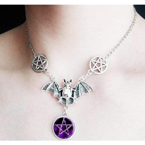 New Trend Fashion Gothic Flying Bats With Purple Glass Pentagram Pendant Wicca Necklace Choker Handmade Jewelry For Women