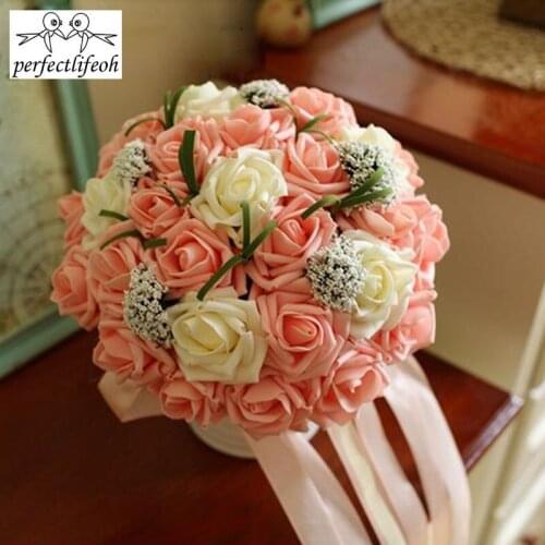 Perfectlifeoh Beautiful Handmade Flowers Decorative Artificial Rose Flowers Pearls Four Color Rose Pearls Wedding Bouquet
