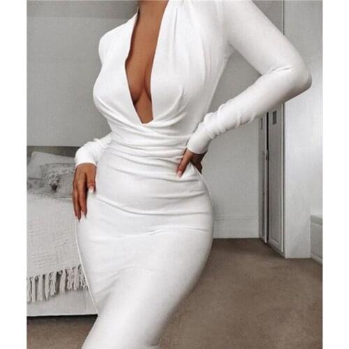 5 Colors Women Sexy Deep V Neck White Wine Blue Black Bandage Dress Women Knee Length Rayon Elegant Party Dress