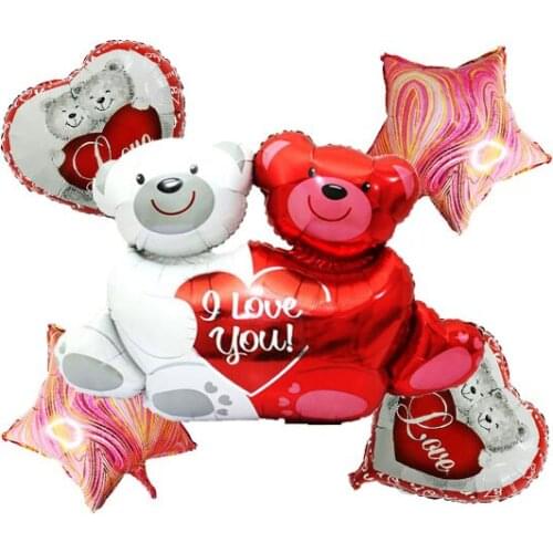 Valentines Day Party Supplies 5 Pcs Bear Foil Balloons Set 18 Inch Bear Heart Foil Balloon and 18 Inch Agate Star Balloons