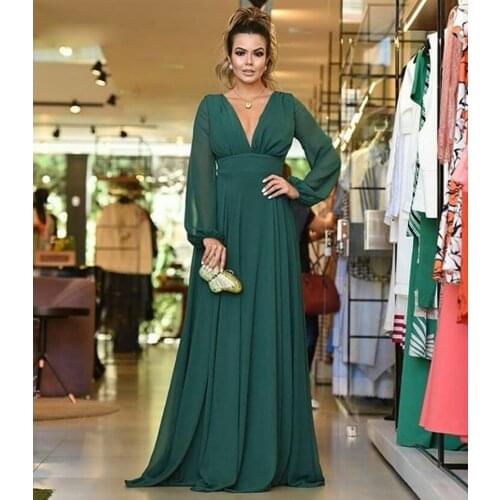 Simple Green Mother of The Bride Dresses Deep V-neck Chiffon Formal Party Gowns Long Sleeves A-line Long Women Party Dresses
