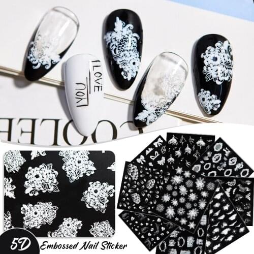 MEET ACROSS 5D Engraved Embossed Nail Sticker White Cloud Moon Flower Leaf Adhesive Decals For Nail Art Decorations