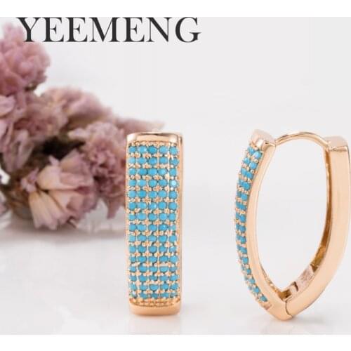 YEEMENG Gold Color Hoop Earring V-shaped Super Wide Micro-inlaid Blue Artificial Stone Earrings Ear Buckle Lady Fashion Jewelry