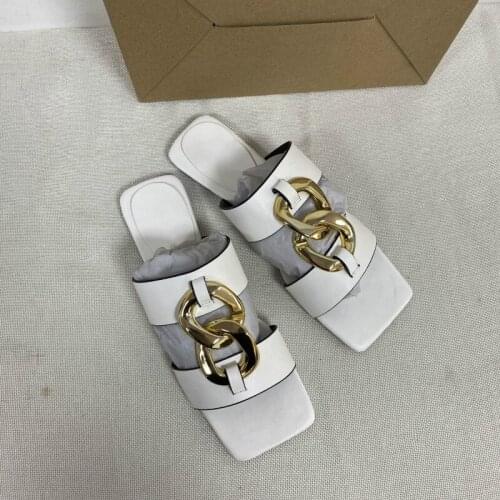 Summer Shoes Woman Fashion Square Toe Women Slippers Outdoor Flat with Fashion Ladies Slides with Metal Buckle Female Flip Flops