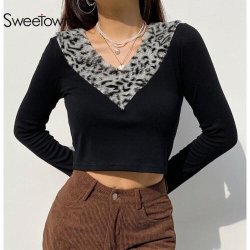 Sweetown Leopard Fur Trim Goth Aesthetic Woman Tshirts Vintage 90s Cute Kawaii Clothes Deep V Neck Long Sleeve Y2K Tee Shirt