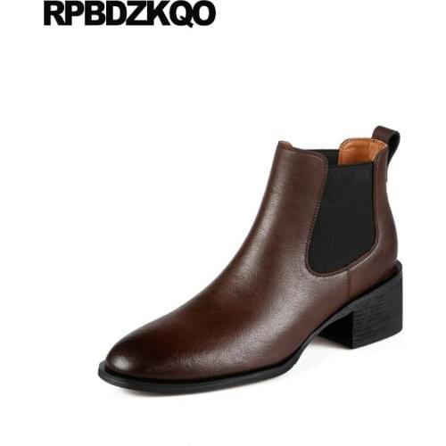 Round Toe Short Booties Shoes Slip On Chunky Fall Genuine Leather Women Ankle Boots Medium Heel Brown New Luxury Chelsea Block