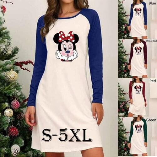 Disney Mickey Mouse print casual fashion dress long sleeve round neck color matching plus size dresses for women 4xl 5xl