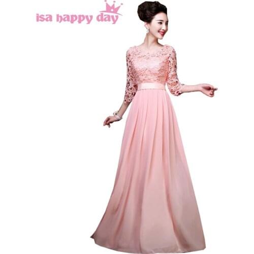 Pink lace the bride chiffon floor length bridesmaid dresses bridemaid long maid of bride sleeve dress illusion gown H2646