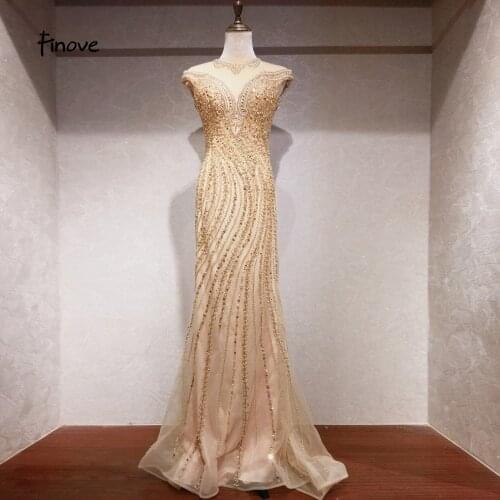 Finove New Robe de soiree Evening Dress Long 2020 Champagne Chic Fully Beaded Crystal Elegant Mermaid Woman Party Dresses Gowns