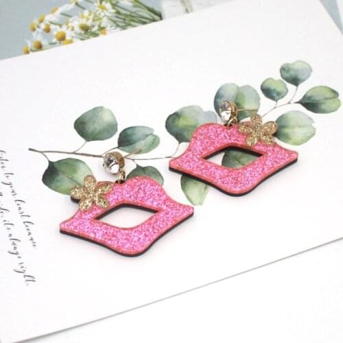 ZiccoWong New Design Sexy Pink Lips Drop Earring For Women Girl Big Exaggerated Acrylic Glitter Flower Dangle Earring Jewelry