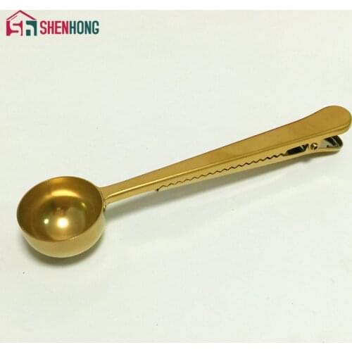 Gold Universal Heathful Cooking Tool Stainless 1 Cup Ground Coffee Measuring Scoop Spoon with Bag Sealing Clip Good Helper