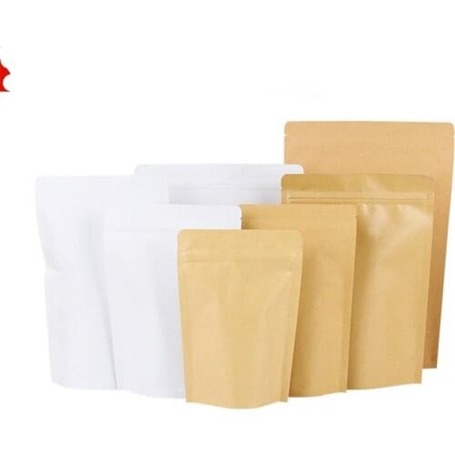 100pcs Stand up White Paper Foil Ziplock Bag Coffee Beans/Powder Snack Cookie Tea Packaging Paper Storage Zip Bag White Pouches