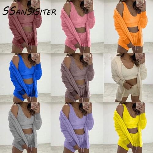 3 Piece Womens Tracksuit Sets Plush Hooded Cardigan Coat Crop Tops Shorts Bodycon Casual Sweatshirts Sexy Sleepwear Plus Size