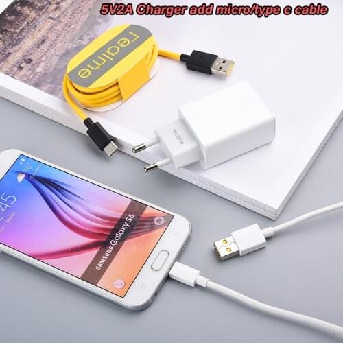 EU Plug Fast Charge Adapter Realme 5V2A Charger Add Micro Type C Cable For Realme X3 X2 X C3 5 6 7 3i V3 Q2i 5S Redmi Note 7 8