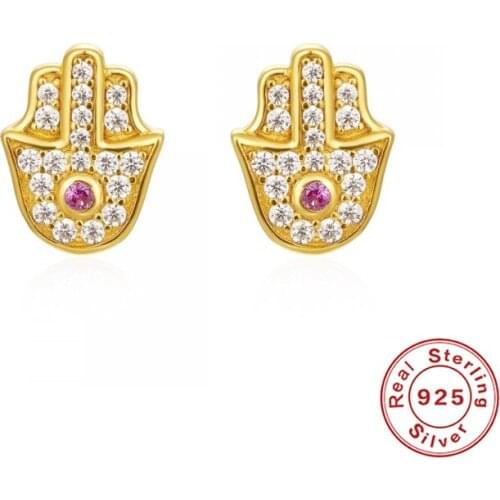 BOAKO 925 Sterling Silver Shiny Micro Pave CZ Hamsa Stud Earrings Crystal Palm Ear Stud Jewelry Birthday Gift For Women Girls