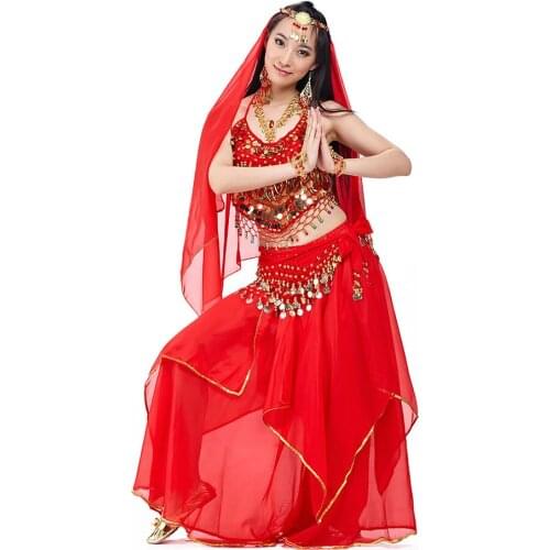BQ073 Belly Dance Practice Training Clothes Women Sexy Sequins Top Long Skirt Waist Chain Head Scarf Latin Dancing Dress