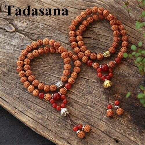8MM Buddha Bodhi Mala Red Agates Beads Natural Rudraksha Tibetan Lutos Charm Prayer Jewelry Handmade Men Bracelet Women