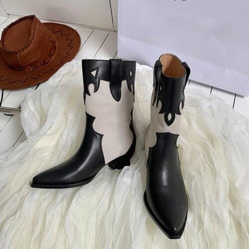 European Women Western Boots Fashion Winter Shoes Pointed Toe Cow Leather Patchwork Woman Boots Brand Design Women Shoe botas