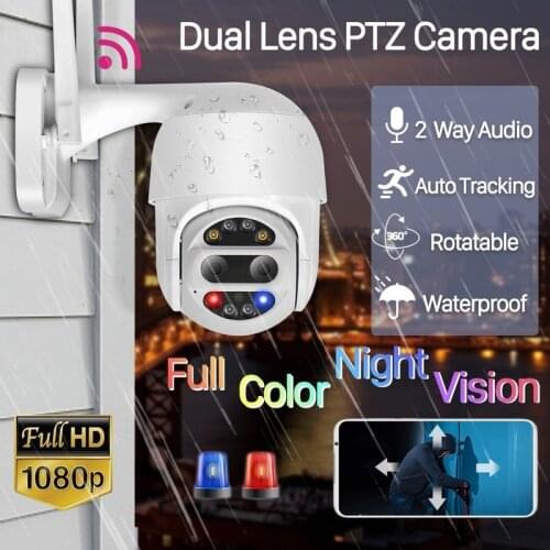 INQMEGA 1080P PTZ Wifi 4X Zoom CCTV Camera Monitor Wireless Dual Lens Outdoor Dome Auto Tracking Alarm Sound Light Security Cam