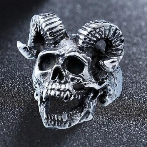 Stainless Steel Vintage Gothic Punk Ring Demon Satan-Goat Skull Rings Mens Motorcycle Jewelry Accessories
