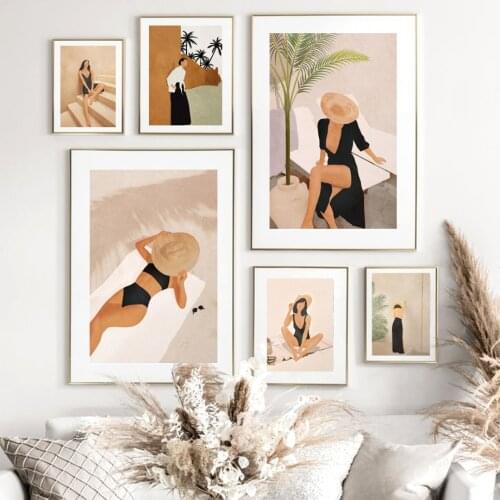 Minimalist Abstract Fashion Girl Beach Palm Leaf Wall Art Print Canvas Painting Nordic Poster Wall Picture For Living Room Decor