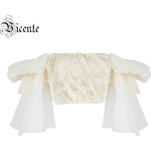 VC Trendy Beige Crop Tops Sexy Off Shoulder Embroidery Ruffles Design Celebrity Party Club Women T-Shirts Free Shipping