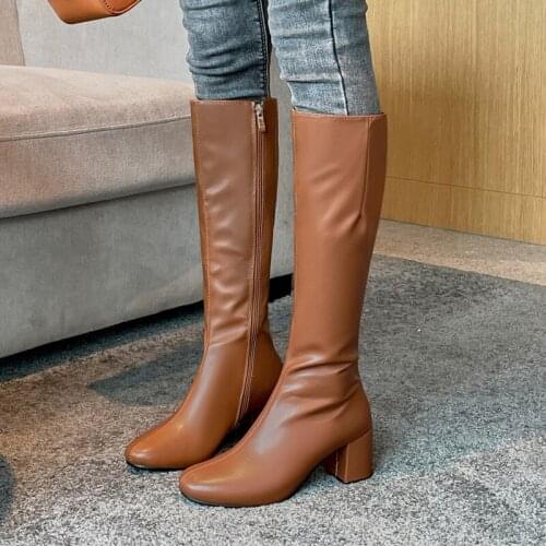 British Minimalist Style Fashion Cheap Womens Knee-Length Boots Microfiber Leather Large Size Low-Heeled Boot Warm Womens Shoe
