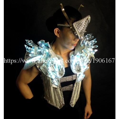 Fashion Led Luminous Stage Show Costumes Male Singer Crystal LED Mens Clothing DJ Suits With Led Mask