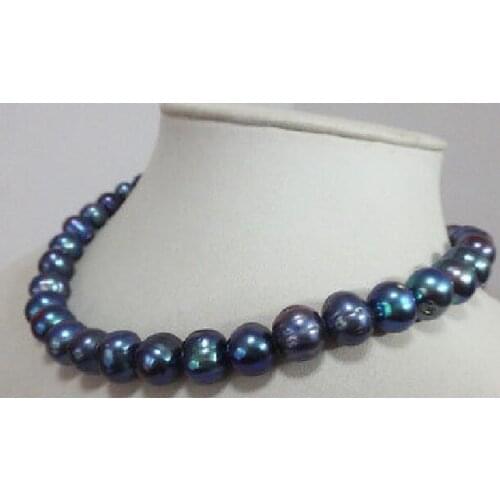 Huge 18"10-11mm natural tahitian baroque black green pearl necklace 925silver