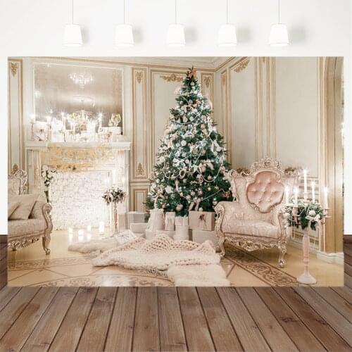 Christmas Photography Background Christmas Tree Gift Sofa Indoor Golden Backdrop Child Party Decoration Banner For Photo Studio