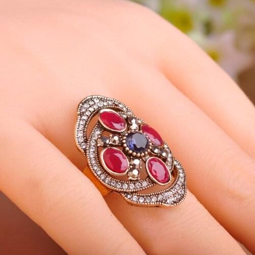 Pretty Vintage Turkish Finger Rings Classic Design Handmade Sculptue Craft Full Crystals Simulated Resin Stones Aneis Anel
