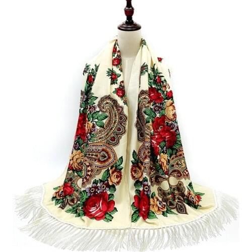 Women Wrap Scarves Winter Shawl Female Russian Babushka Long Hijab Floral Pattern Dupatta Retro Ukrainian Polish Fringed Scarf