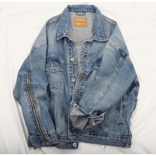 Spring Autumn Vintage Wash Blue Zipper Splice Long Sleeve Denim Jacket Women Loose Basic Jeans Coat Outerwear Female Streetwear