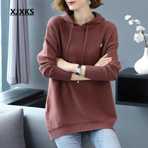 XJXKS 2021 Spring Autumn New Fashion Hooded Women Long Sweater Comfortable Cashmere Knitted Sweater Women Long Sweater