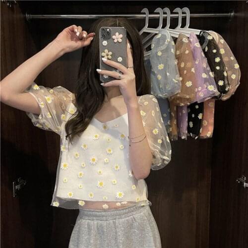 Women Design Sense Floral Shirt Niche 2021 Summer Loose Sweet Age Reduction Versatile Japanese Shiny Top Fashion Kawaii Clothes