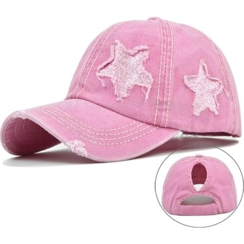 Womens Washed Cotton Baseball Cap Glitter Star Embroidery Vintage Distressed Messy High Bun Ponytail Hole Trucker Hat