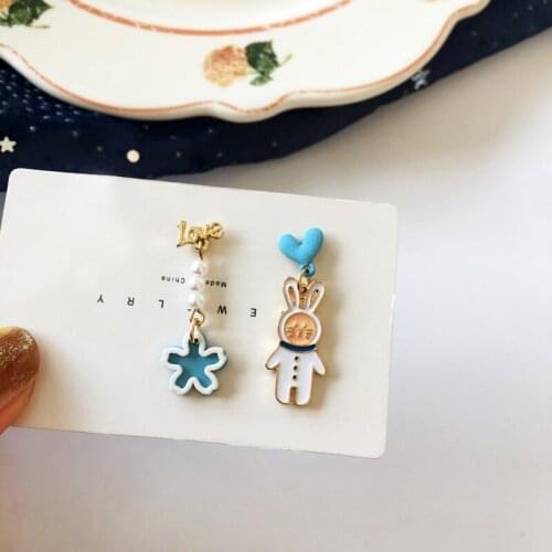 925 silver needle Cute love rabbit Bunny Flower Fun Asymmetrical enamel Earrings for women