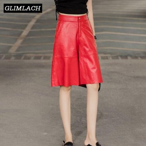 2019 New Knee Length Real Leather Wide Leg Pants Women Harajuku Loose Natural Sheepskin Trousers Ladies Short Pants Streetwear